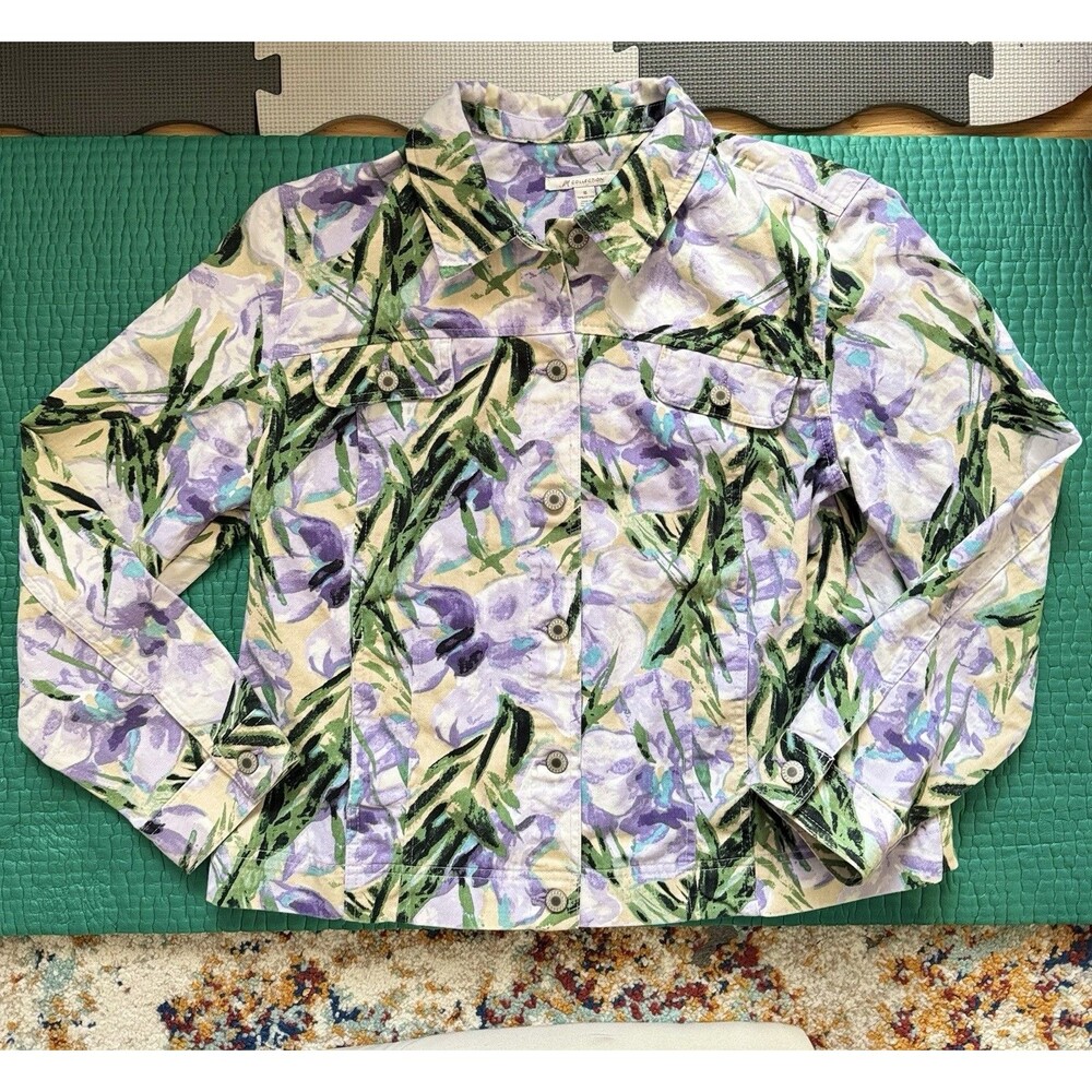 JM Collection Sz 16 White Purple Floral Denim Jacket Full Button Up 100% Cotton